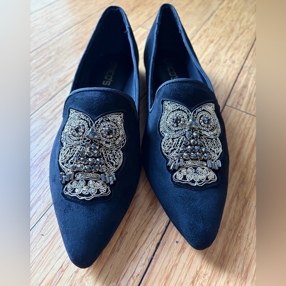 Chico's Shoes - Chico's NWT Black Suede Pointed Flats with Gold Beaded Owl Embellishment